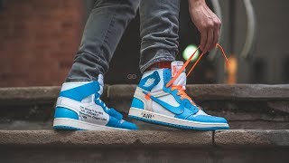 OffWhite x Nike Air Jordan 1 NRG quotUNCquot Review amp OnFeet [upl. by Adnilrev]