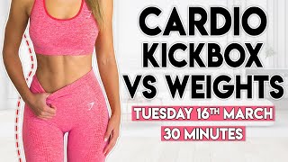 CARDIO KICKBOX vs WEIGHTS sweaty burn  30 minute Home Workout [upl. by Haig693]