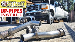 2001 F350 73  RiffRaff UpPipes Install  Stock up pipes leaking and falling apart JUNK SP [upl. by Adlesirhc]