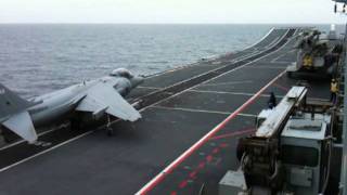 4 Harriers line up to take off from the Ark RoyalMOV [upl. by Carboni]