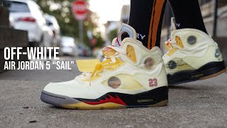 OFF WHITE Air Jordan 5 Sail Review amp On Feet [upl. by Darya]